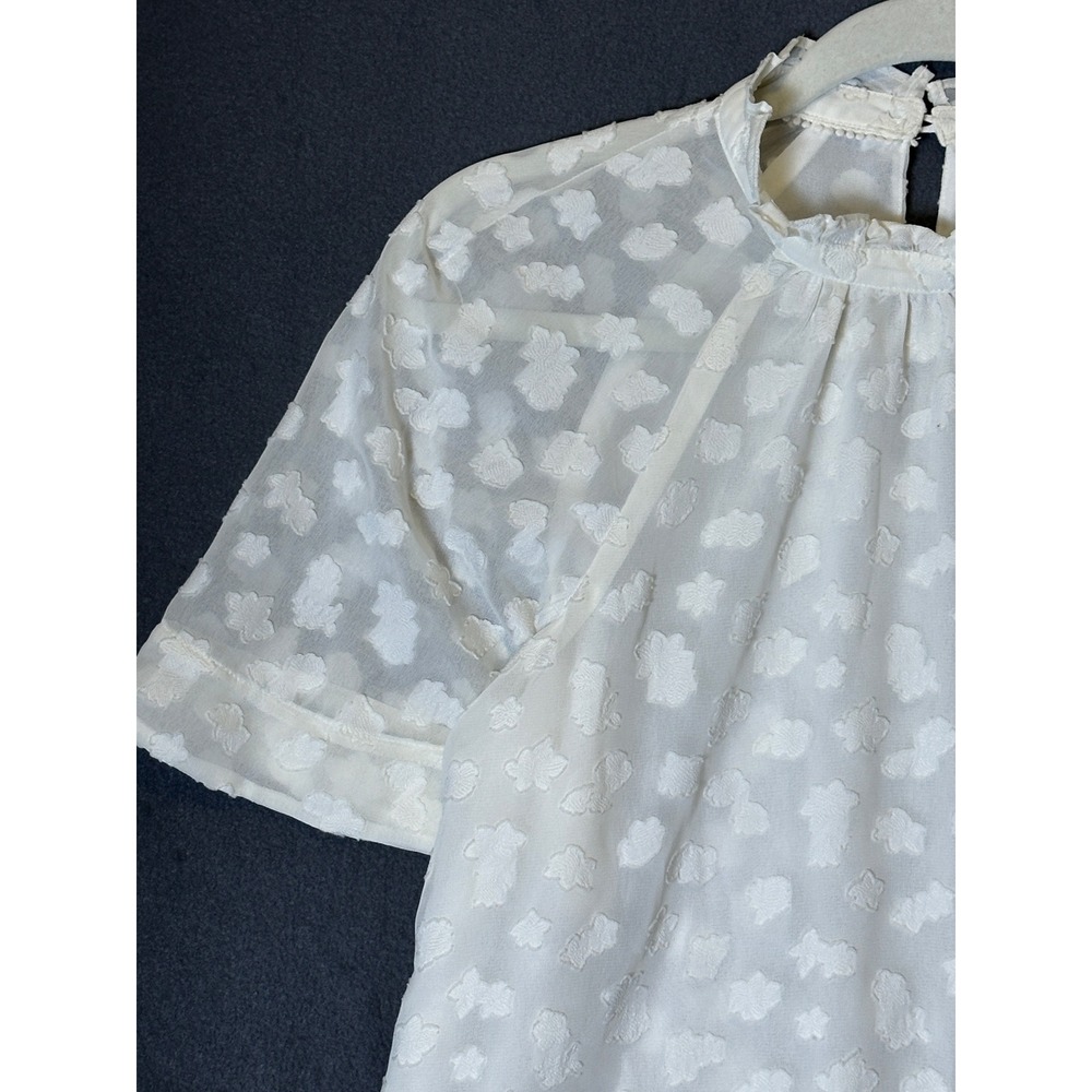 Anthropologie Feather Bone XS White Clip Dot Feminine Ruffle Neck Blouse Boho - Picture 4 of 8